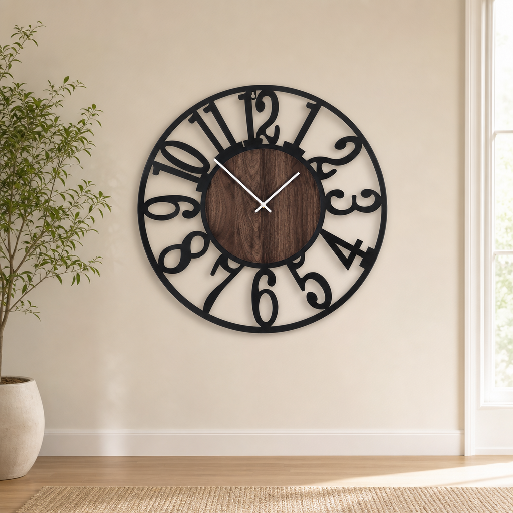 Black openwork metal wall clock with wood-effect center mounted on a beige wall near a potted plant and window
