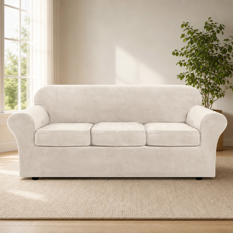 Sofa Slipcover Velvet Plush Stretch Fit — Separate Cushion Covers, Multiple Sizes  centered in a warm neutral furnished room