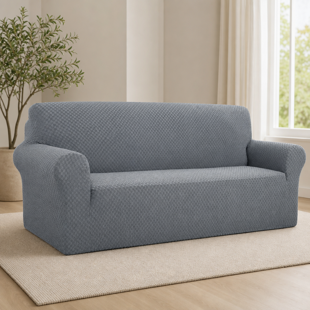 Light gray jacquard slipcover on three-seat sofa, angled front view in a bright living room