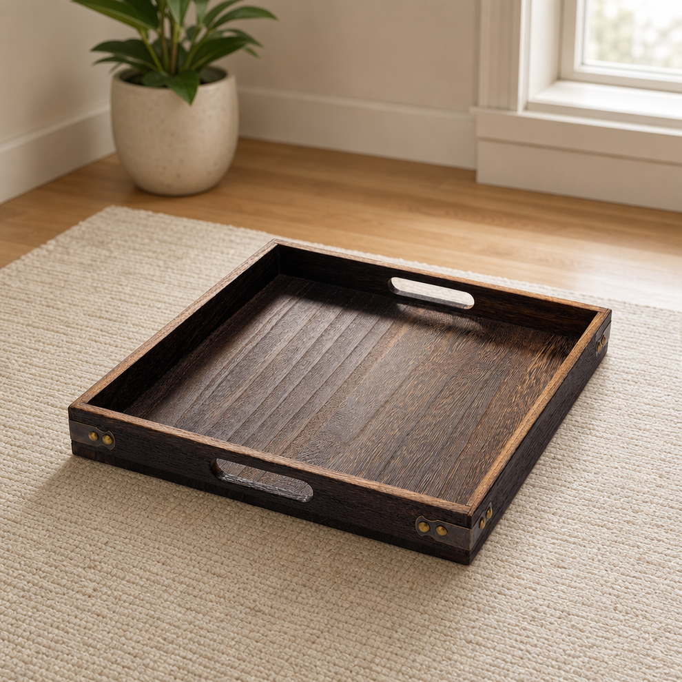Serving Tray Square Wood with Handles — Paulownia 12.75 x 12.75 x 1.77 in centered in a warm neutral furnished room