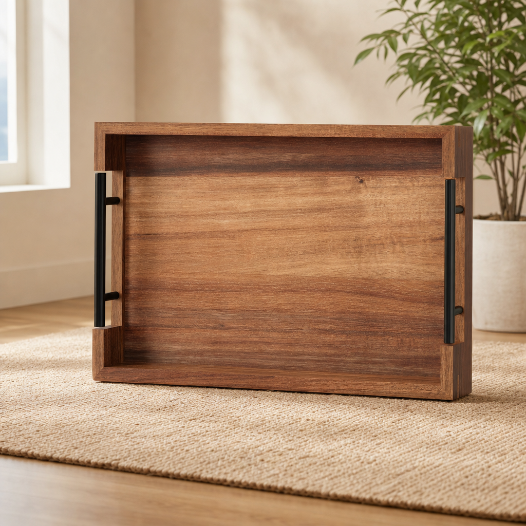Acacia Wood Serving Tray with Metal Handles, 15 x 10 in, Brown centered in a warm neutral furnished room
