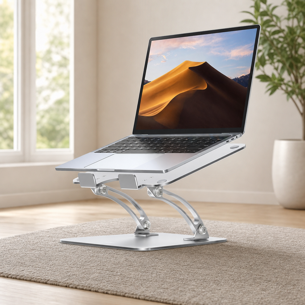 Silver laptop elevated on a foldable dual-rod stand, angled front view on a carpeted floor