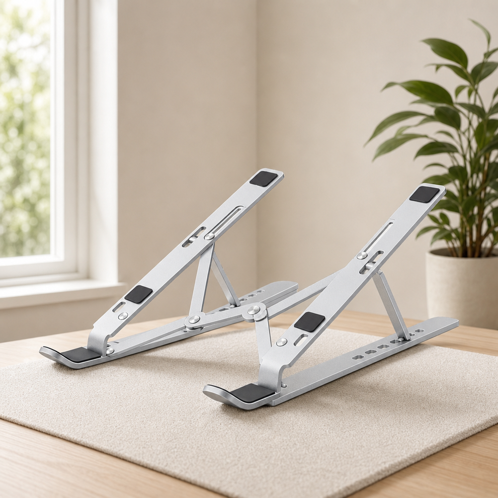 Silver aluminum foldable laptop stand angled front view on a desk with a potted plant in the background