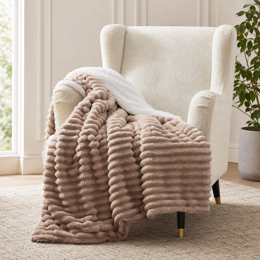 Taupe ribbed sherpa blanket draped over a cream upholstered armchair in a bright living room