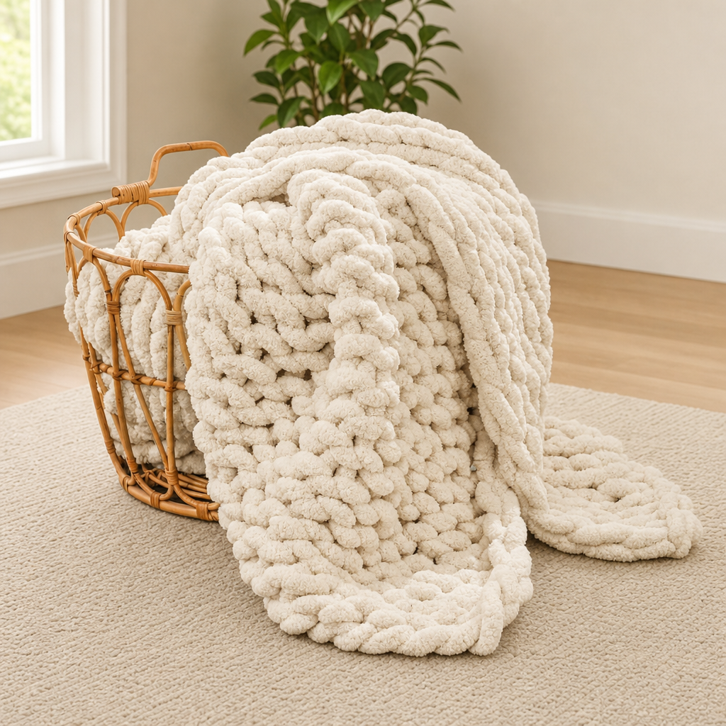 Chenille Throw Blanket — Visit Furniture centered in a warm neutral furnished room