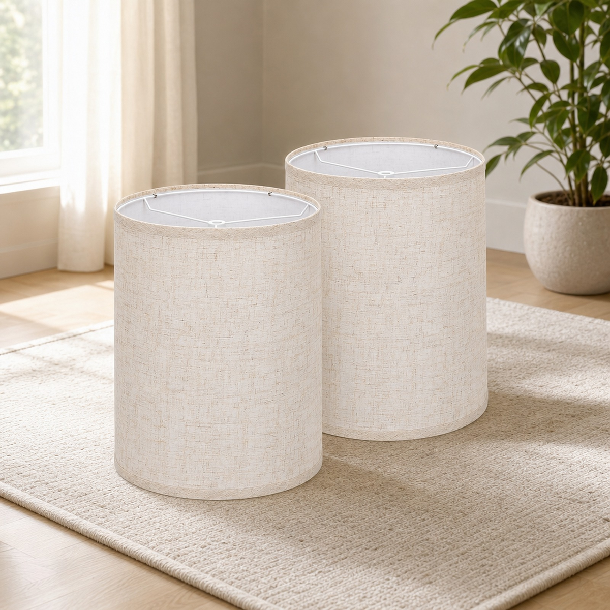 Drum Lampshades Set of 2 — 10in Top x 10in Bottom x 13in High, Linen-Look centered in a warm neutral furnished room