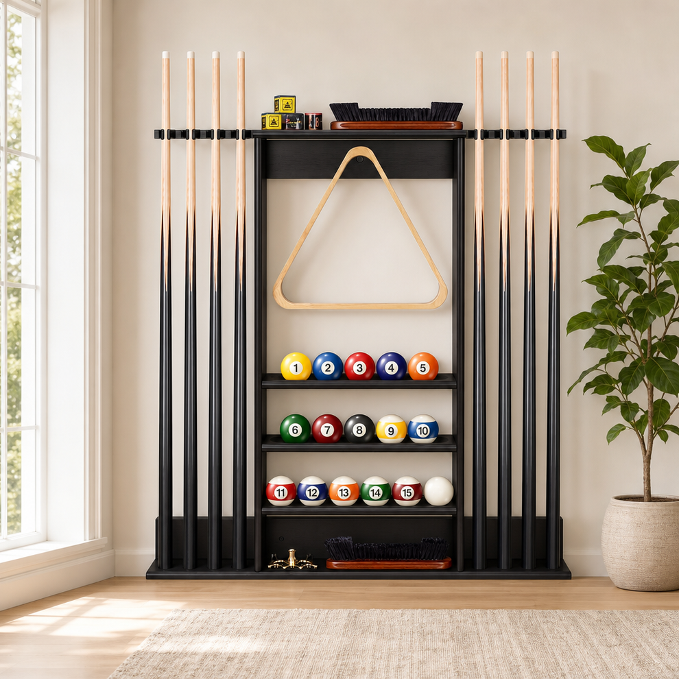 Wall-Mount 8-Cue Pool Rack with Ball & Accessory Storage centered in a warm neutral furnished room
