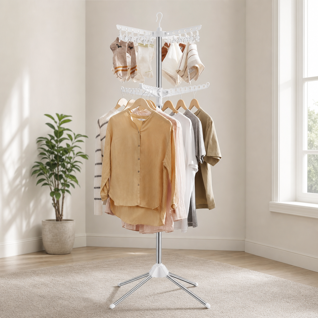 Rack, 3 Rotatable Arms — Foldable 72 in Height, Multiple Colors & Styles centered in a warm neutral furnished room