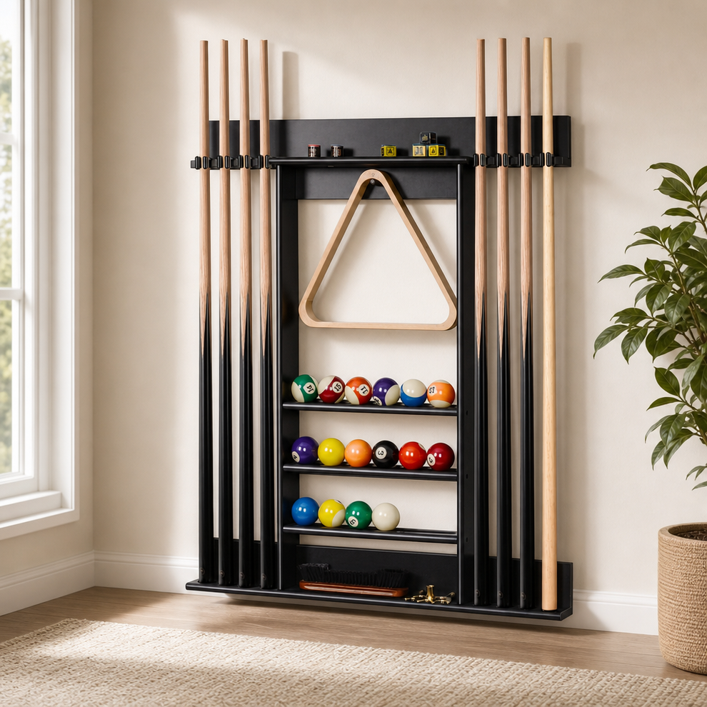 Wall-Mount Pool Cue Rack for Cues, Balls & Accessories centered in a warm neutral furnished room