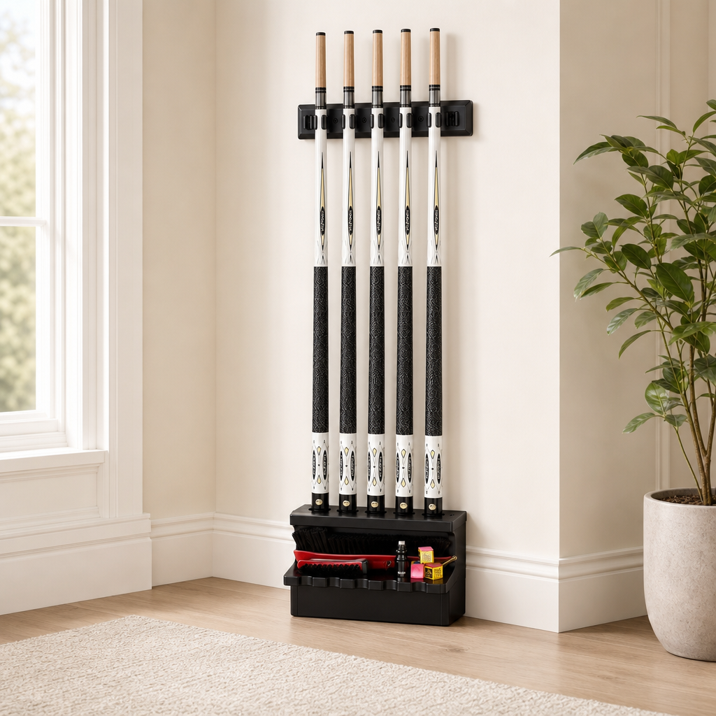 Wall-Mount Oak Pool Cue Rack — Holds 6 or 8 Cues (Black, Brown) centered in a warm neutral furnished room