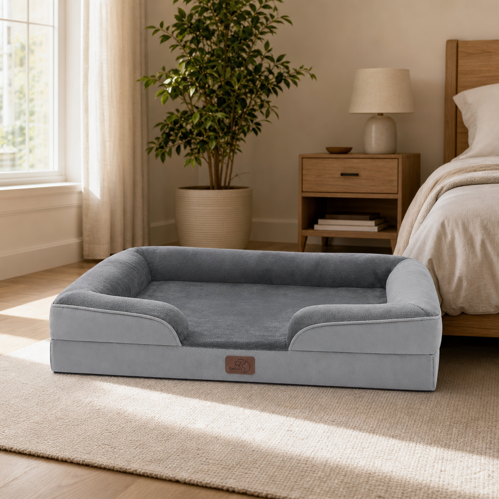 Grey bolster dog bed angled front view in a bedroom beside a wooden nightstand