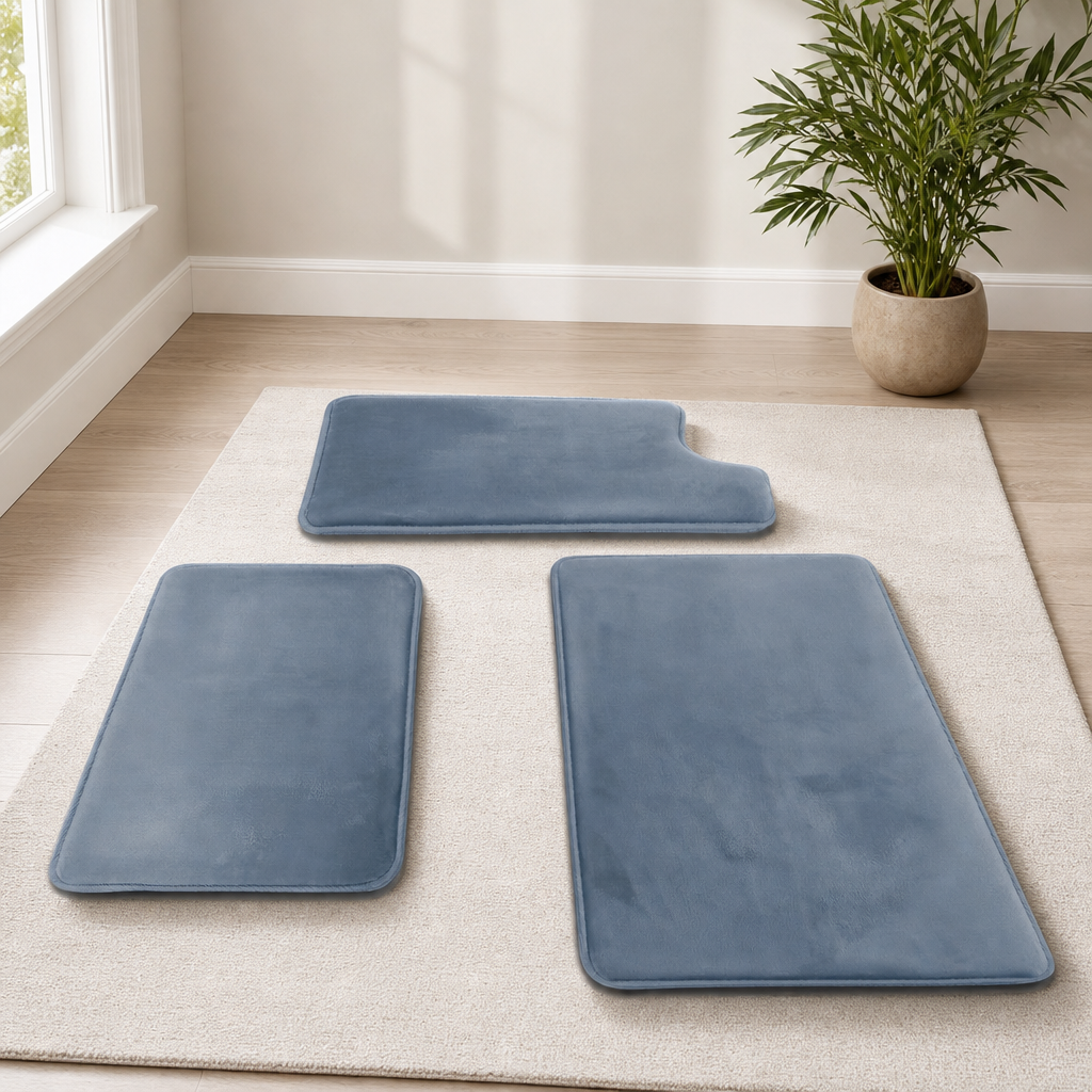 Stone blue velvet bath rug three-piece set on a cream area rug, top-down view