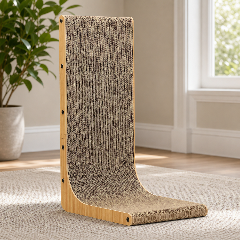 L-Shaped Cat Scratcher Corrugated Cardboard Lounge — Multiple Sizes & Pack Options centered in a warm neutral furnished room