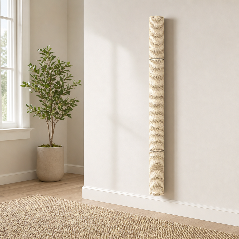 34" Wall-Mounted Cat Scratcher — Vertical Sisal Scratching Post centered in a warm neutral furnished room