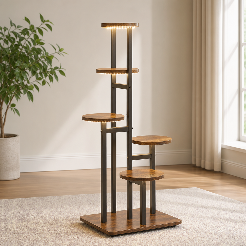 5-tier plant stand with round wood-tone shelves and dark iron frame, angled full-view in a living room setting