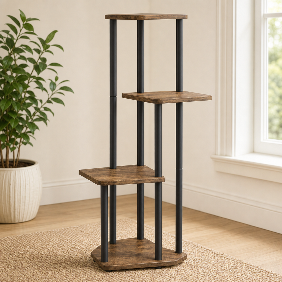 Multi-tier corner plant stand with wood-finish MDF shelves and black metal posts, angled room view