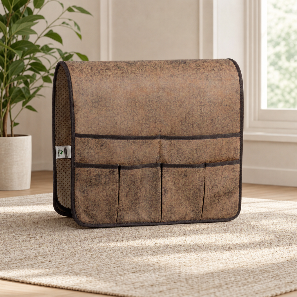 Brown faux leather sofa armrest organizer angled front view on a neutral rug