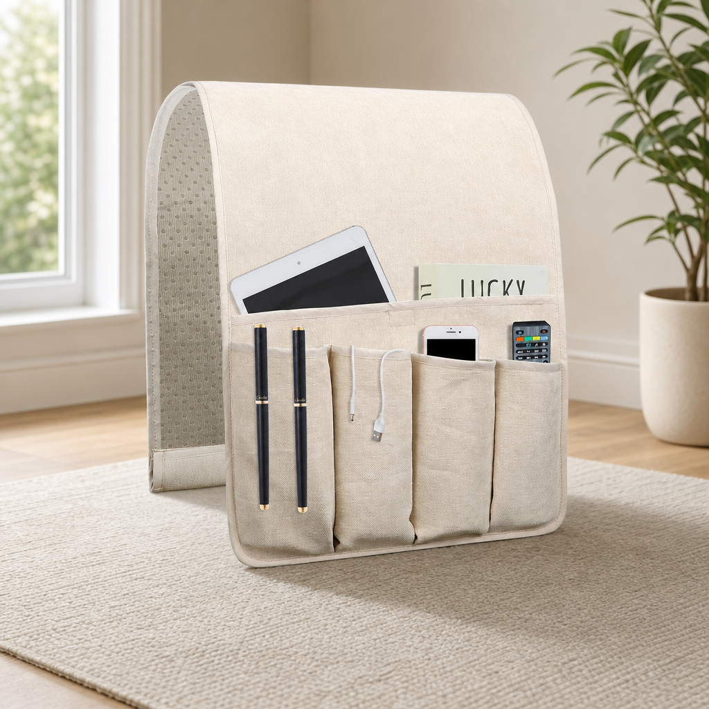 Beige linen armrest caddy angled front view on floor with tablet, pens and remotes visible
