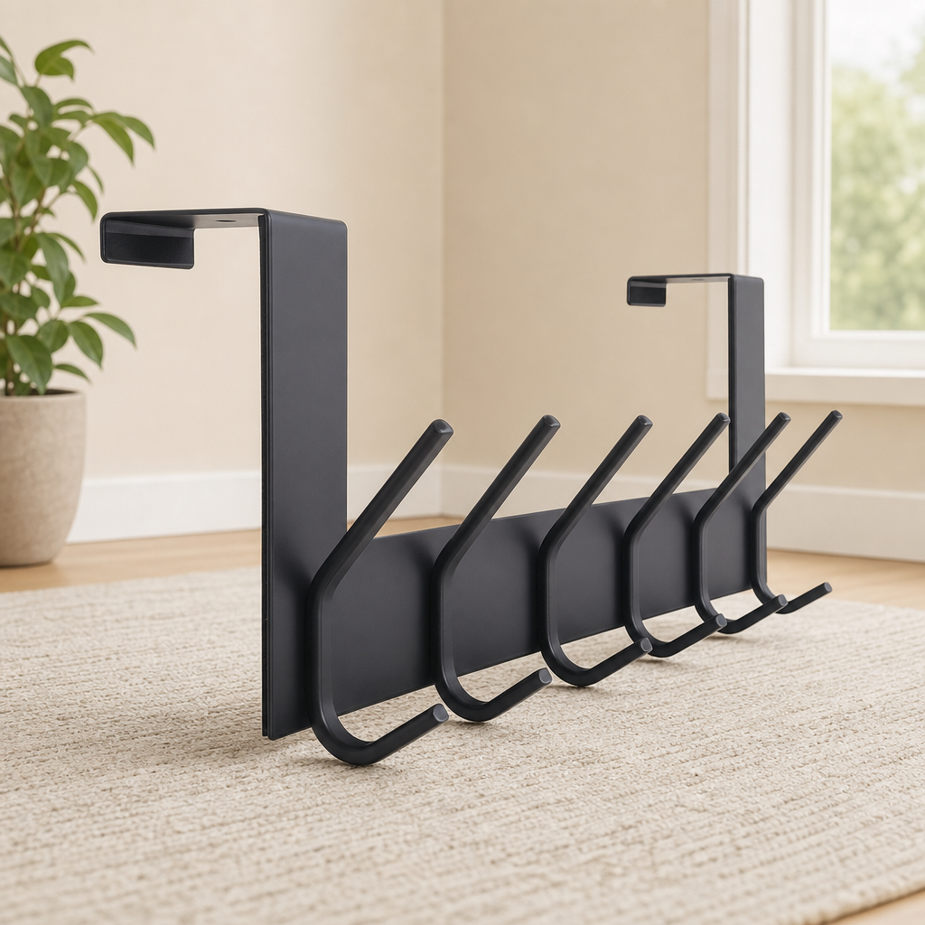 6-Hook Over-the-Door Towel and Coat Rack centered in a warm neutral furnished room