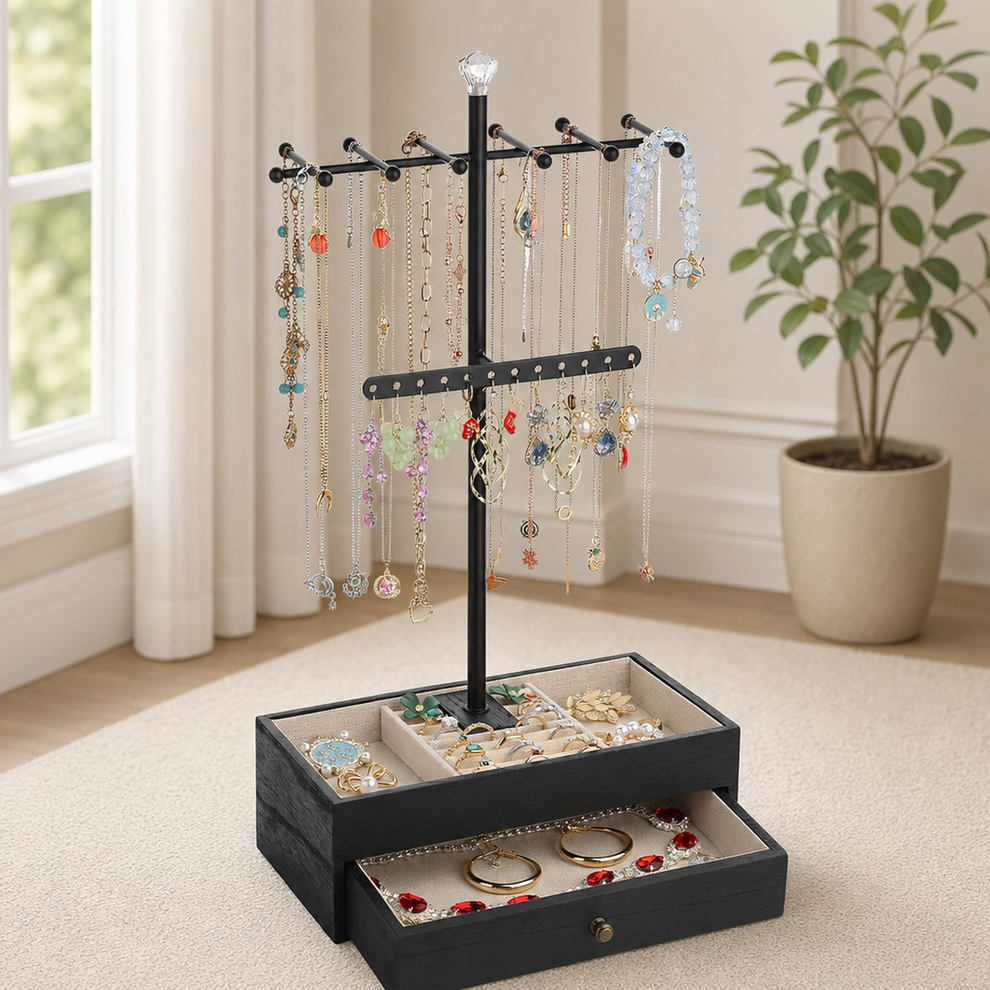 Organizer Stand — 3-Tier Necklace Tree with Wooden Drawer, Multiple Color Options centered in a warm neutral furnished room