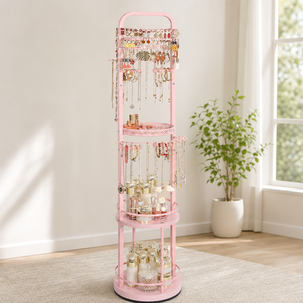Pink rotating floor jewelry organizer full front view with jewelry and three shelves in a bright room
