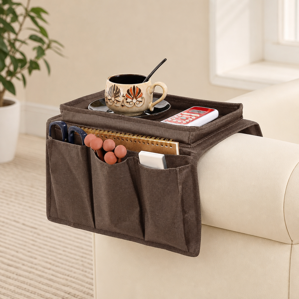Oxford Cloth Armrest Organizer for Sofas and Recliners centered in a warm neutral furnished room