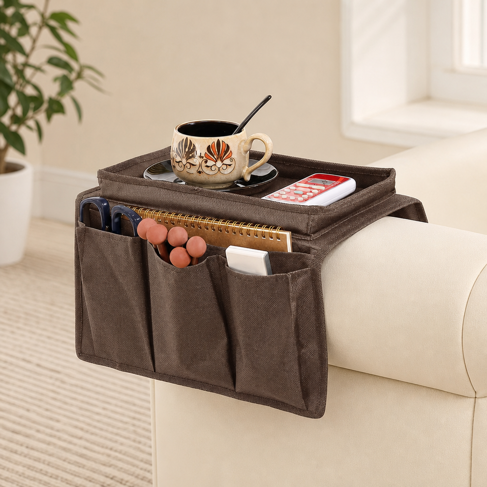 Oxford Cloth Armrest Organizer for Sofas and Recliners centered in a warm neutral furnished room