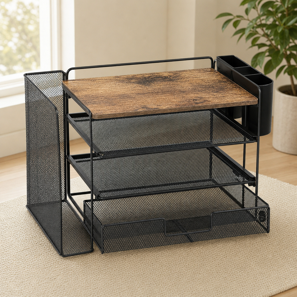 Desk File Organizer with Sliding Drawer & Pen Holders centered in a warm neutral furnished room