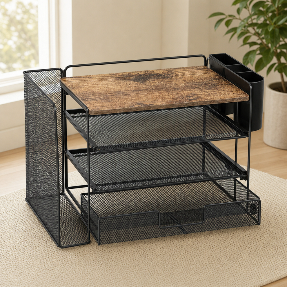 Desk File Organizer with Sliding Drawer & Pen Holders centered in a warm neutral furnished room