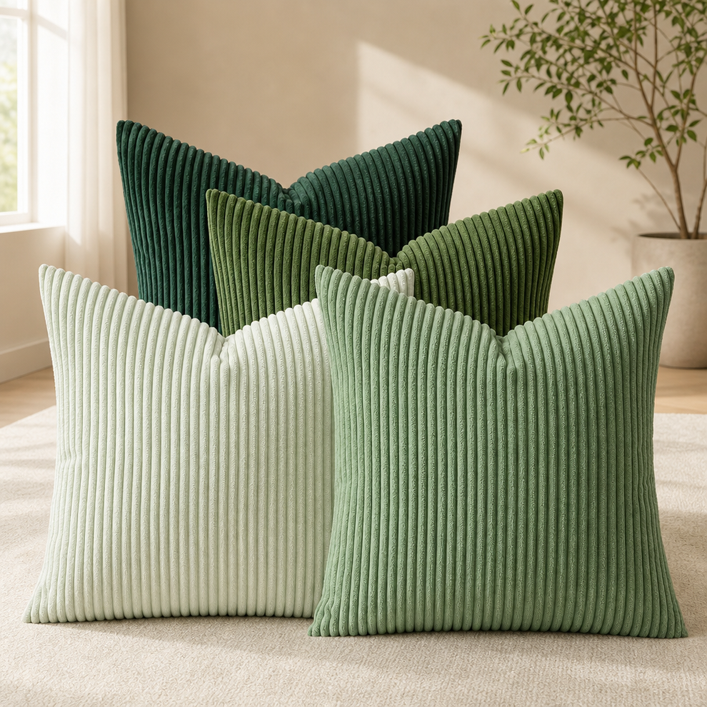 Dark and light green corduroy throw pillow covers grouped on a beige carpet with a potted plant in the background