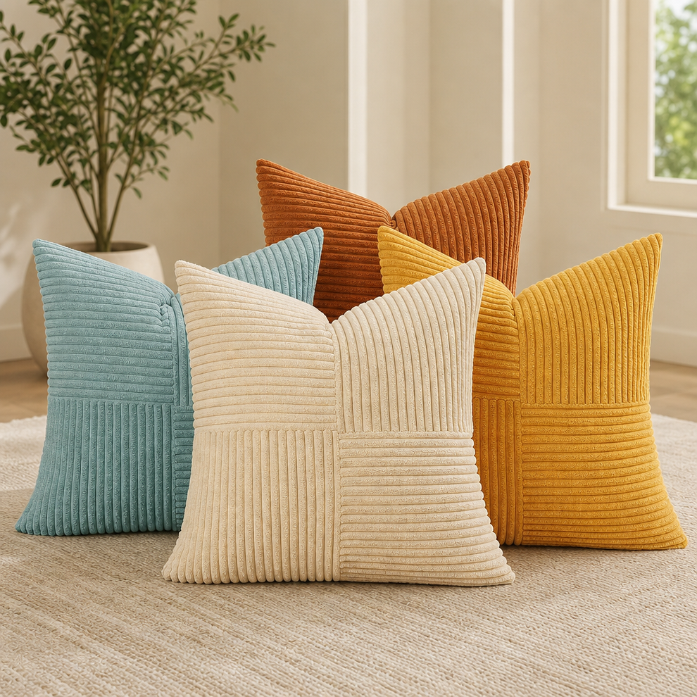 Patchwork Stripe Corduroy Velvet Boho Throw Pillow Covers, Four-Piece Set centered in a warm neutral furnished room