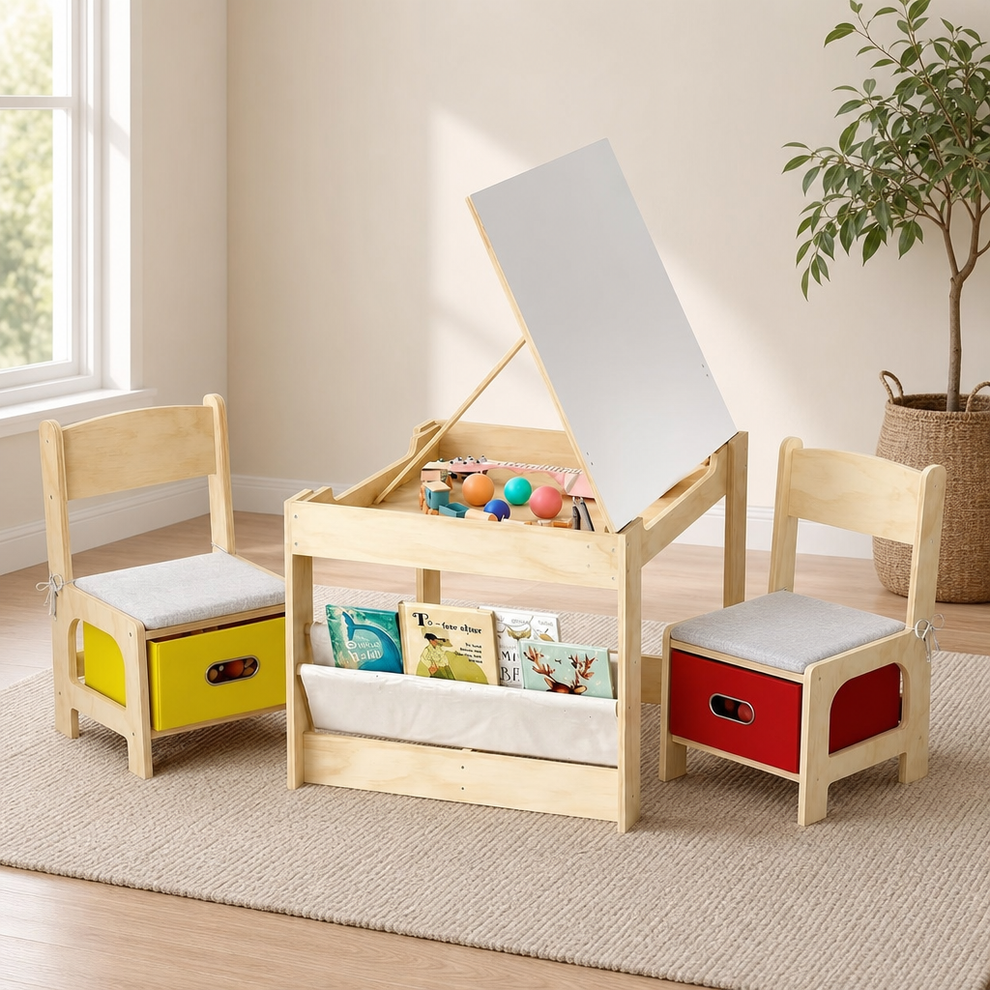 Wooden Kids Activity Table and Chairs Set with Adjustable Drawing Top centered in a warm neutral furnished room