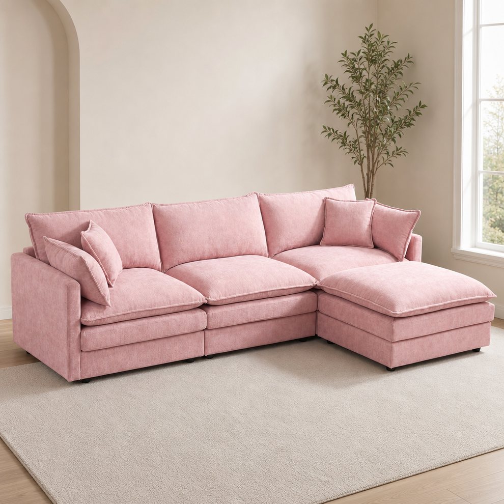 Chenille L-Shaped Modular Sectional Sofa with Removable Ottoman centered in a warm neutral furnished room