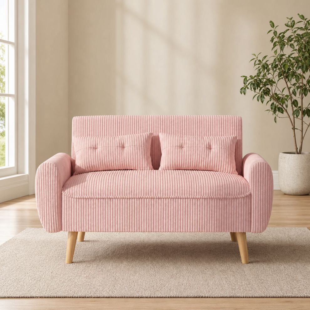 48.4-inch Fabric Loveseat Sofa with Solid Wood Frame and 10-inch Cushion, 2-Seat centered in a warm neutral furnished room