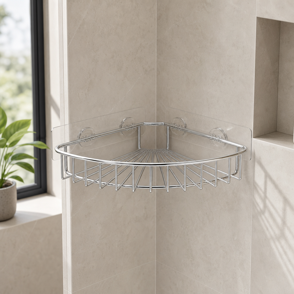 Silver stainless steel corner shower shelf mounted in a beige tiled 90° corner with clear adhesive pads