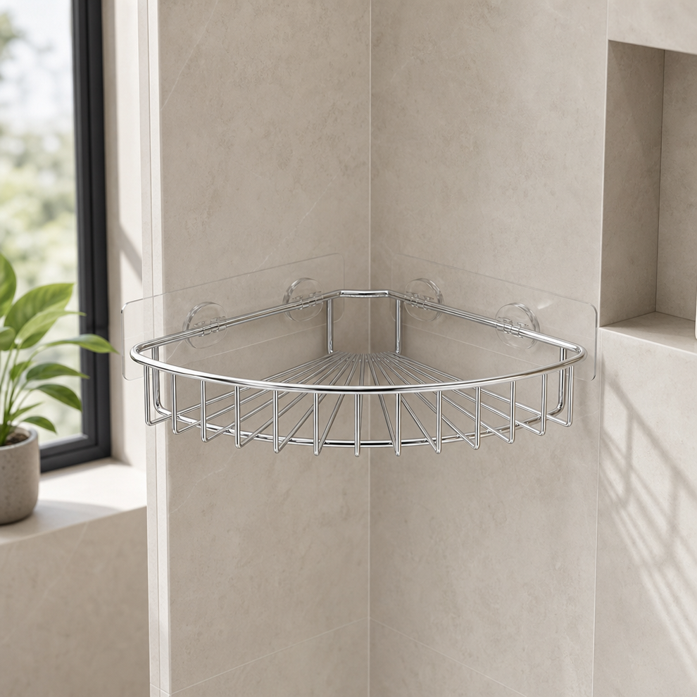 Silver stainless steel corner shower shelf mounted in a beige tiled 90° corner with clear adhesive pads