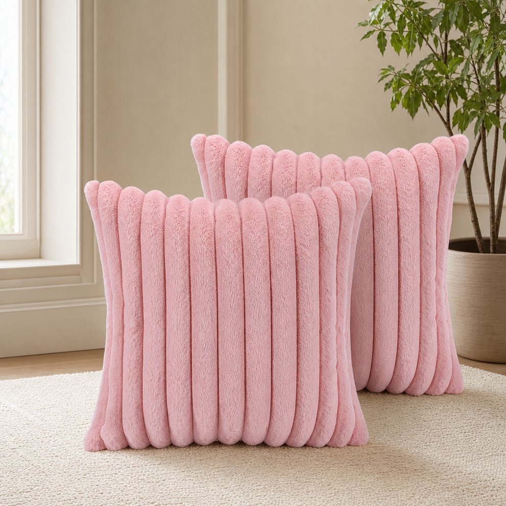 Faux Fur Throw Pillow Covers — Plush Polyester Cushion Covers, Multiple Colors & S centered in a warm neutral furnished room