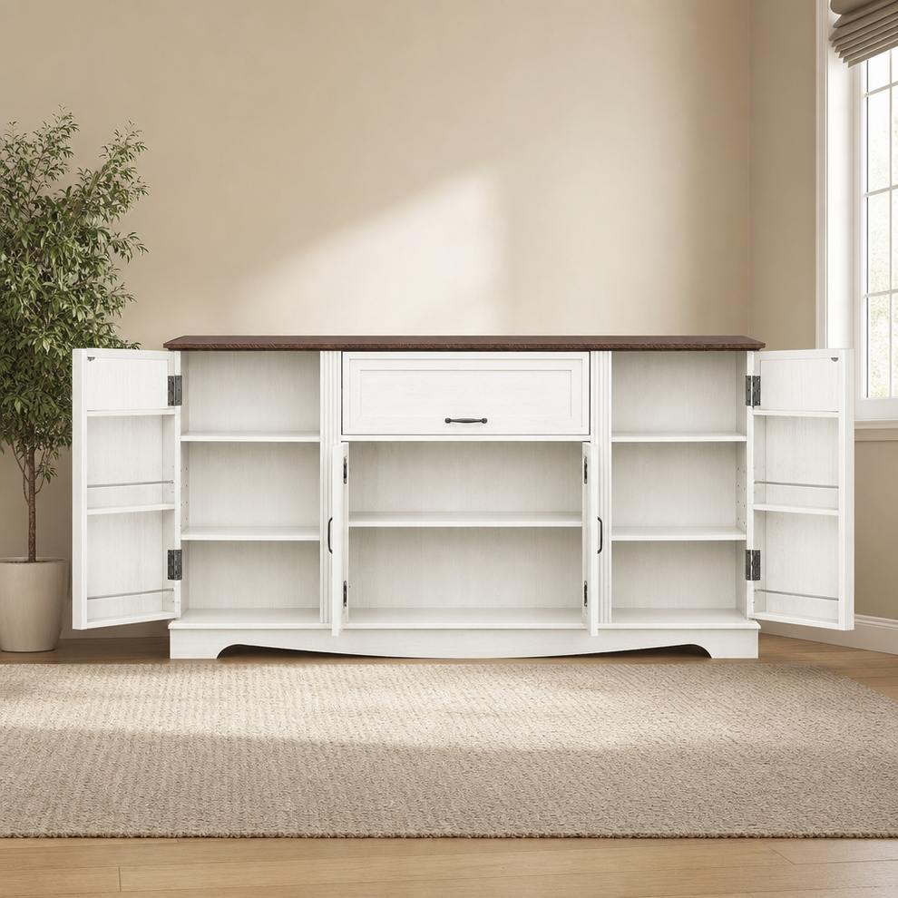 Antique-white farmhouse sideboard with dark wood top and all doors open showing interior shelving