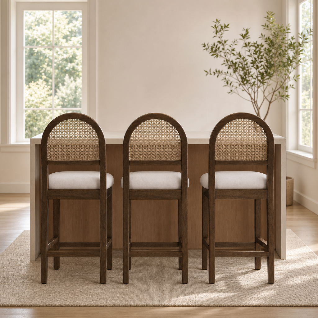 Three walnut finish counter-height stools with cane arched backs shown from the rear at a kitchen island