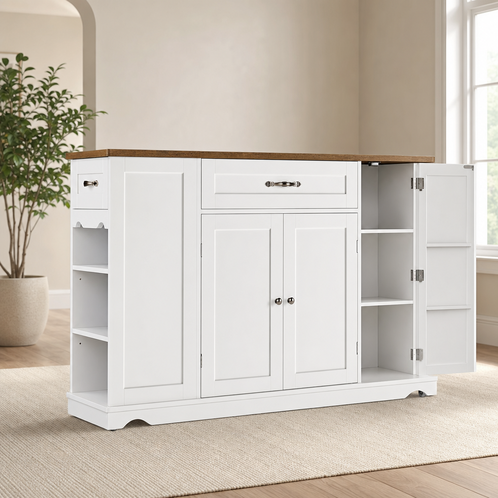 White rolling kitchen island front-right angle with rustic brown top and open right door showing interior shelves