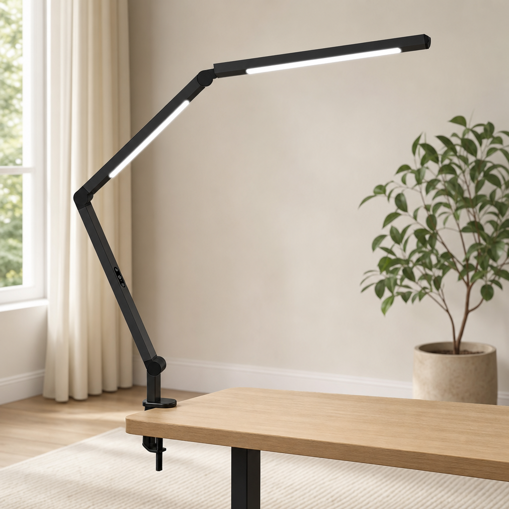 Black clamp LED desk lamp with long adjustable swing arm clamped to a light wood desk, angled side view