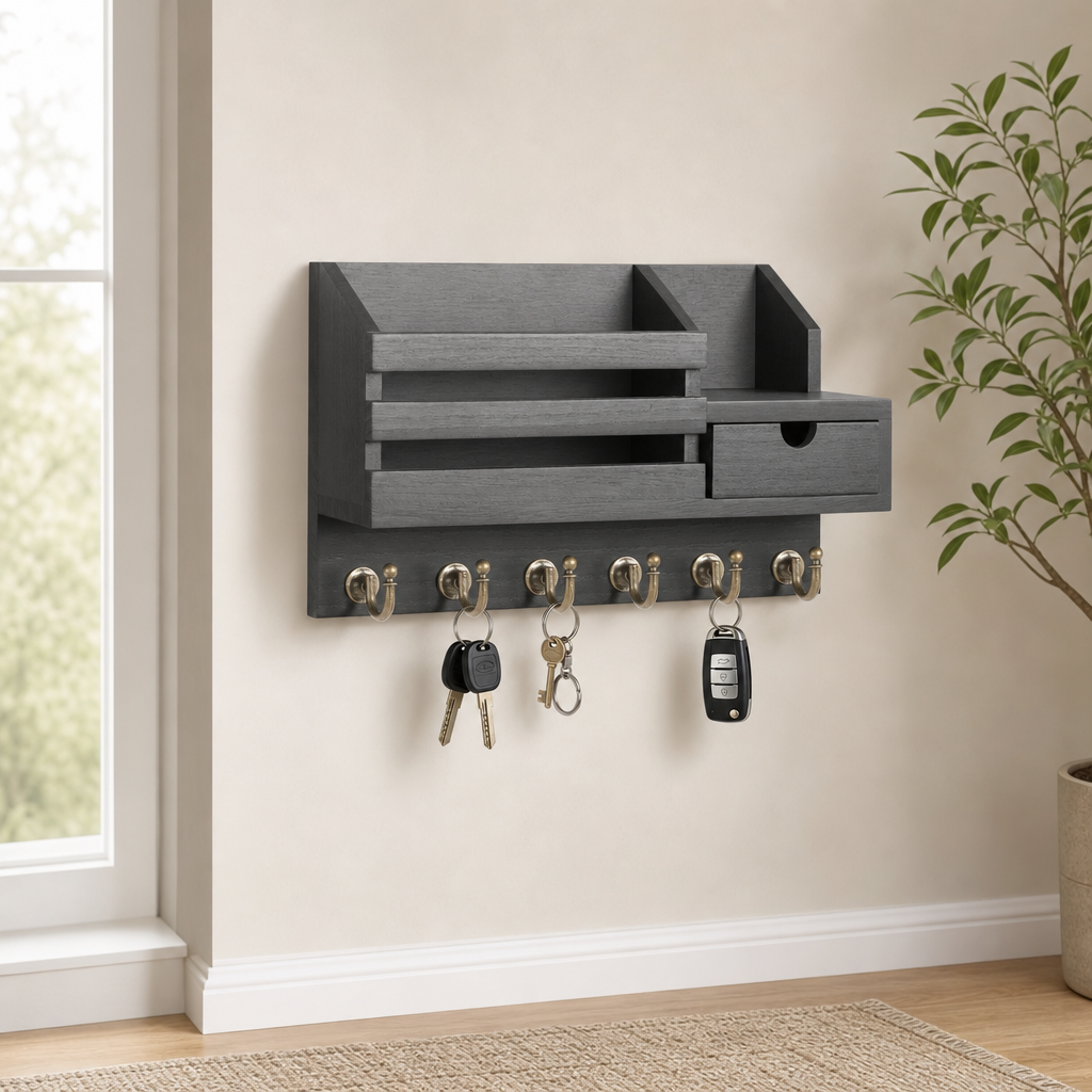 Wall-Mounted Key Holder with Drawer, Mail Slot & 6 Hooks centered in a warm neutral furnished room