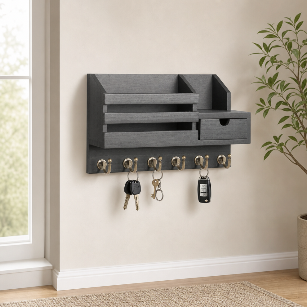 Wall-Mounted Key Holder with Drawer, Mail Slot & 6 Hooks centered in a warm neutral furnished room