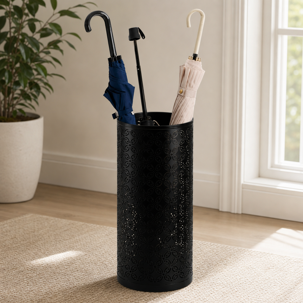 Black Metal Round Umbrella Stand centered in a warm neutral furnished room