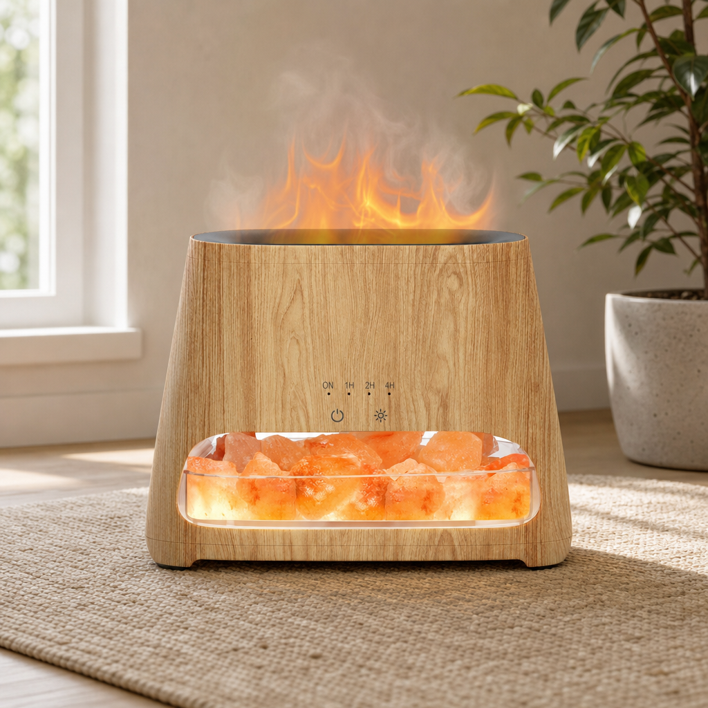 2-in-1 Himalayan Salt Lamp & Ultrasonic Essential Oil Diffuser centered in a warm neutral furnished room