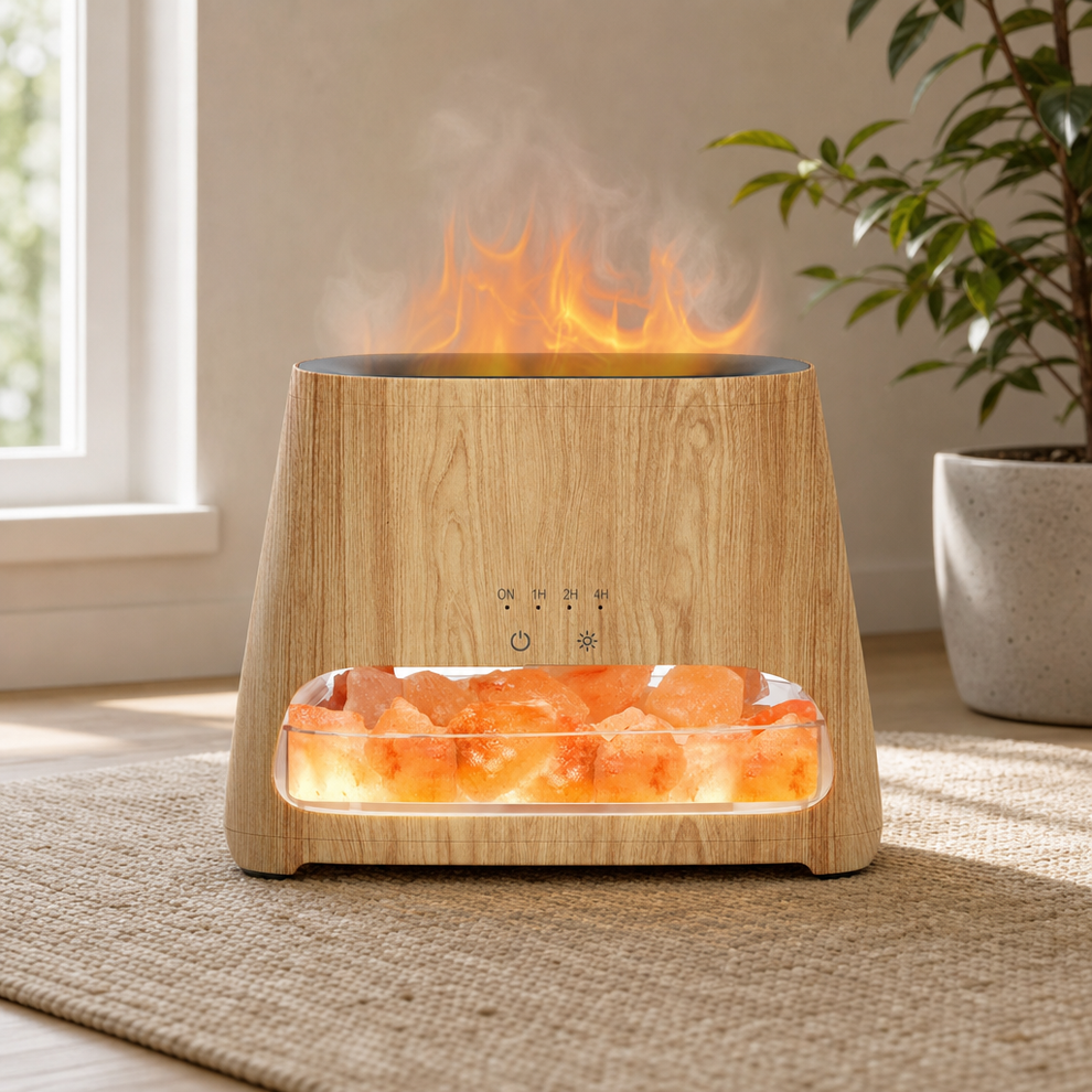 2-in-1 Himalayan Salt Lamp & Ultrasonic Essential Oil Diffuser centered in a warm neutral furnished room