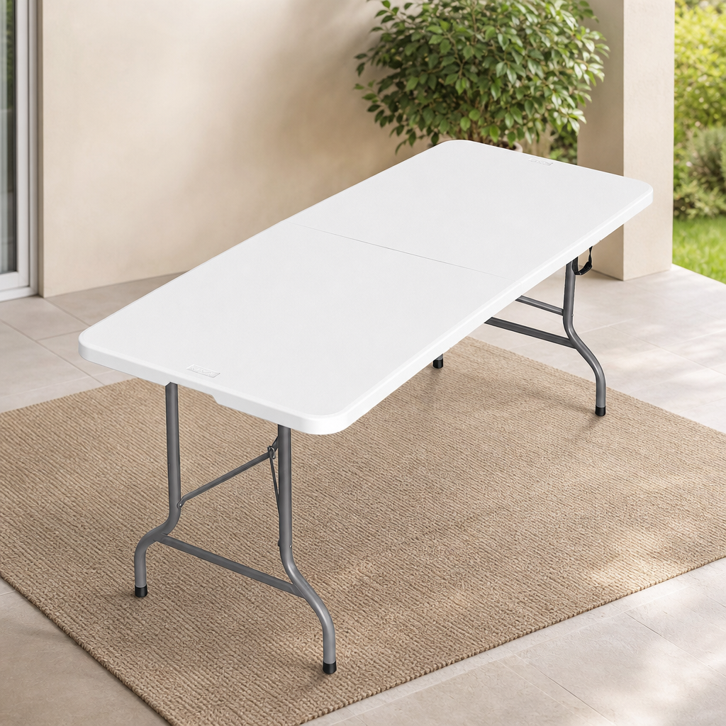 VINGLI 6 Foot Plastic Folding Table Portable Long Table for Indoor Outdoor Use Rec centered in a warm neutral furnished room