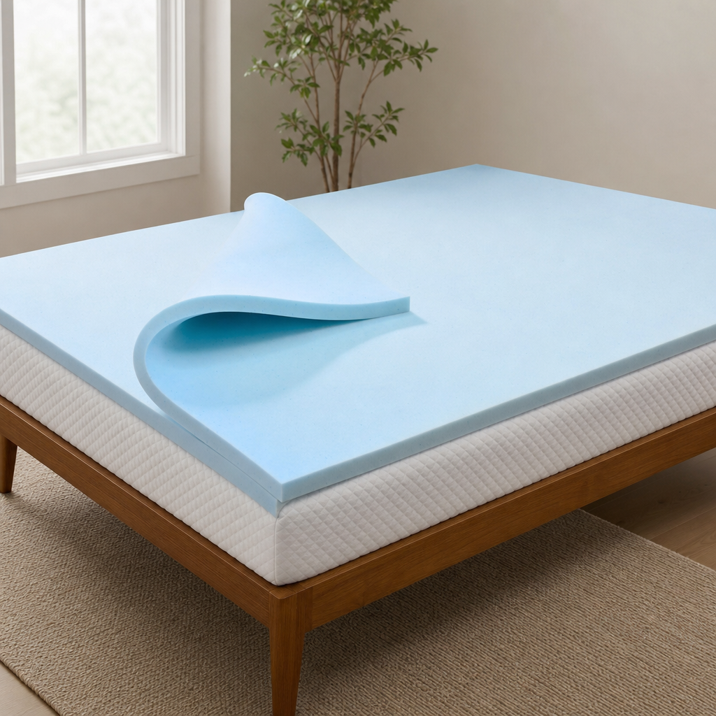 Blue gel-infused foam mattress topper folded back on a white mattress on a wooden bed frame.