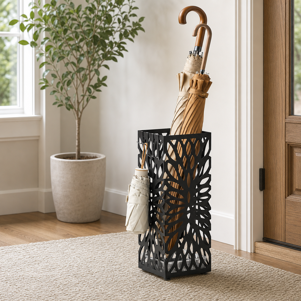 Umbrella Stand — Steel with Detachable Drip Tray & 4 Removable Hooks, Square or Ro centered in a warm neutral furnished room
