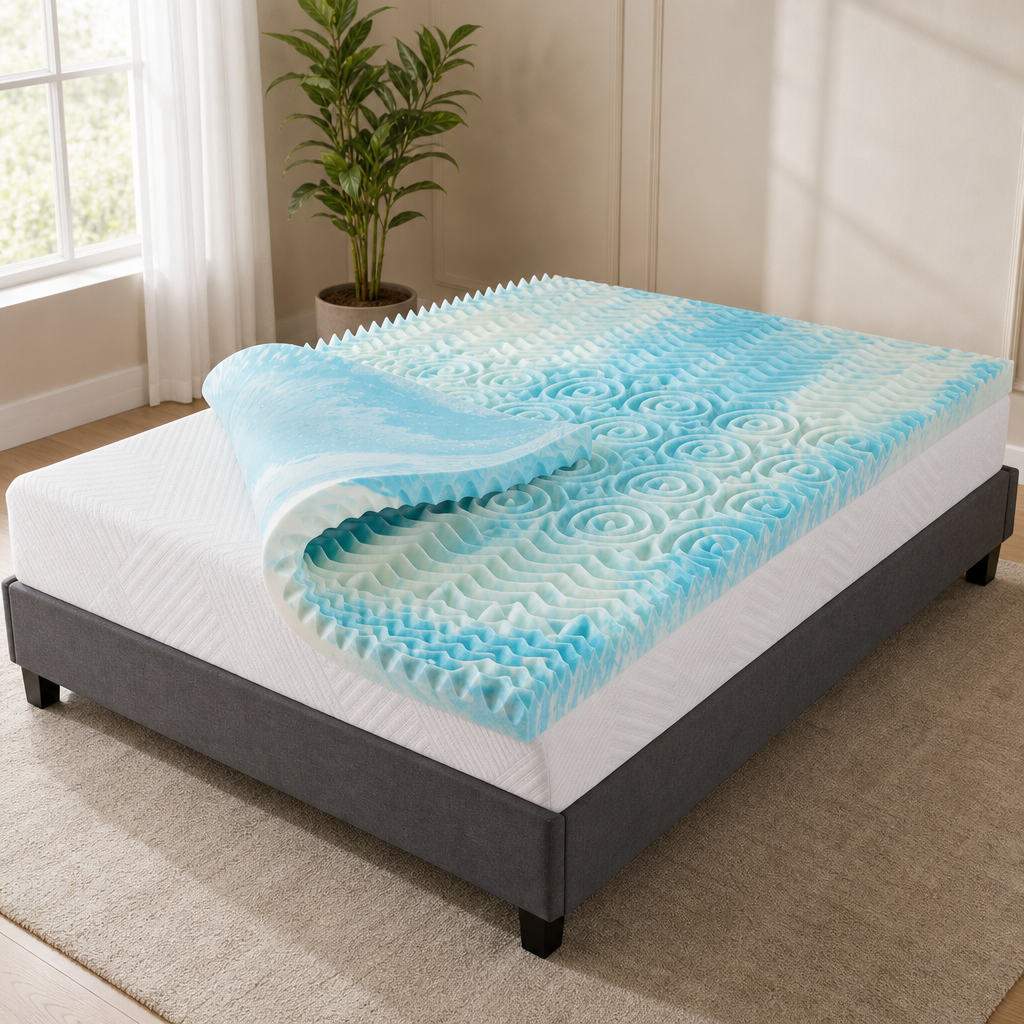 Gel-Infused 5-Zone Egg Crate Memory Foam Mattress Topper centered in a warm neutral furnished room
